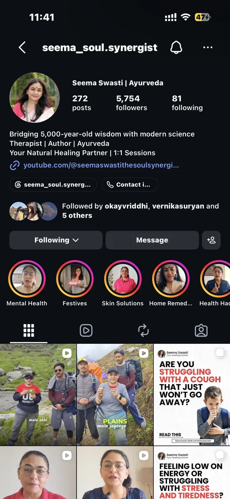 Dr. Seema Swasti's Instagram profile, @seema_soul.synergist