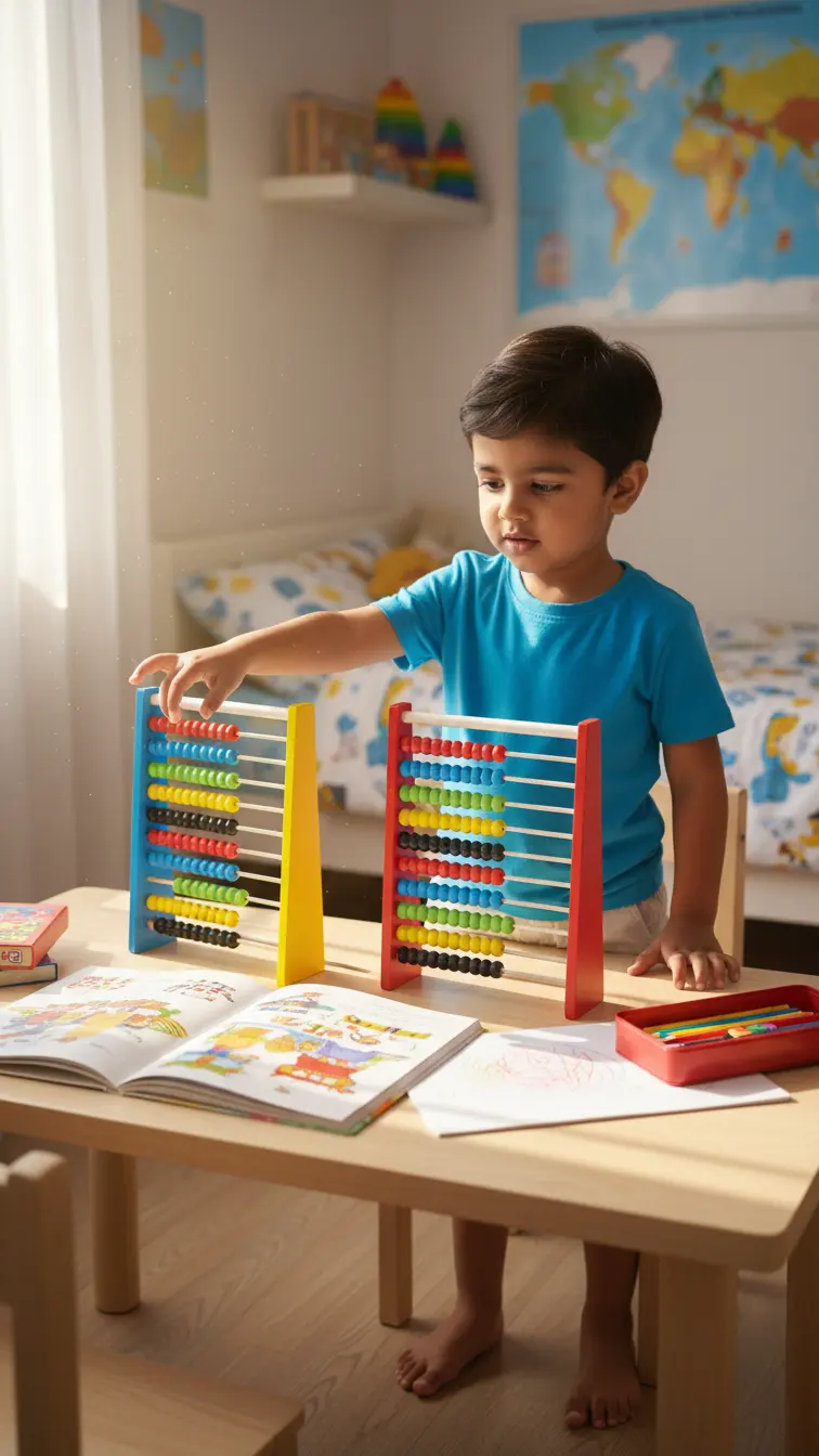 Abacus, hands-on counting practice with a parent.
