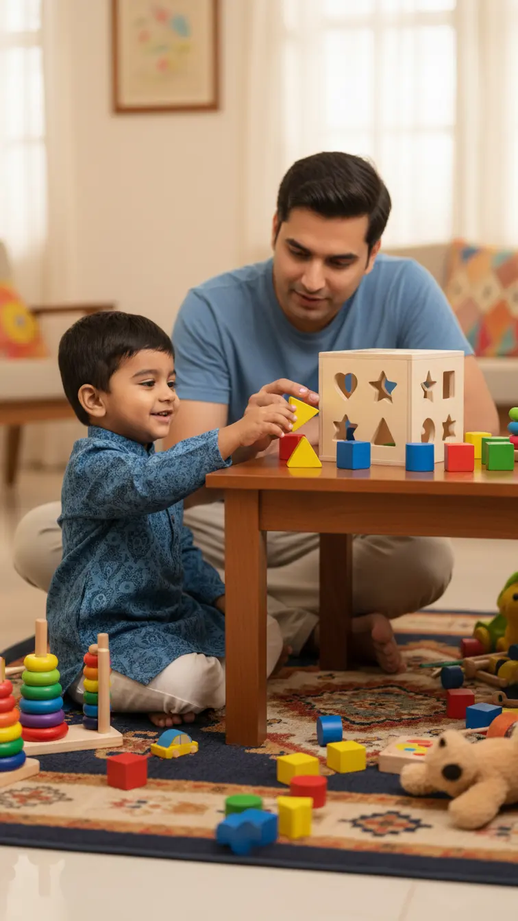 Shape sorter, shape recognition guided by a parent.