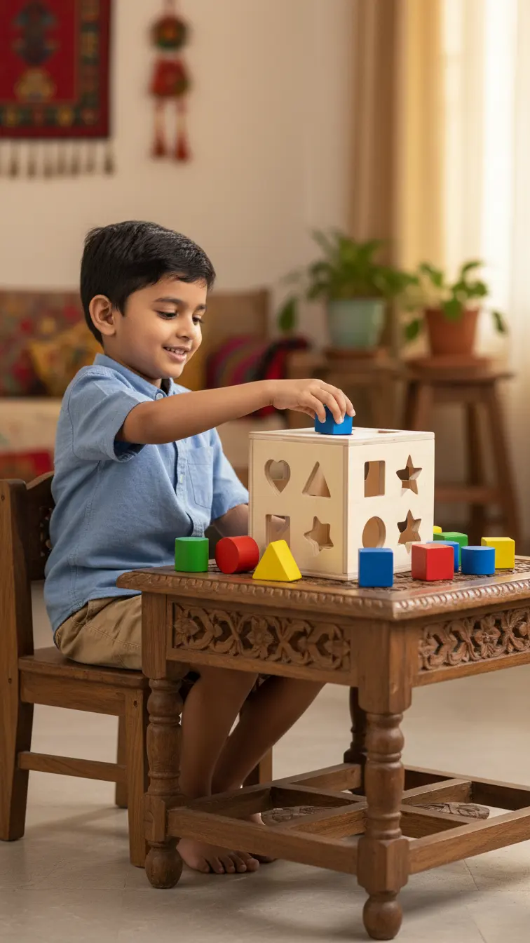 Shape sorter, shape recognition guided by a parent.