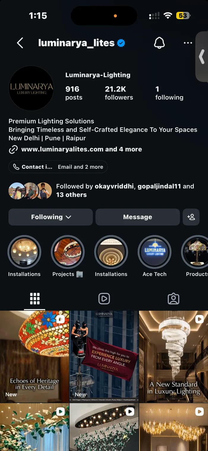 Luminarya Luxury Lighting's real Instagram profile, @luminarya_lites